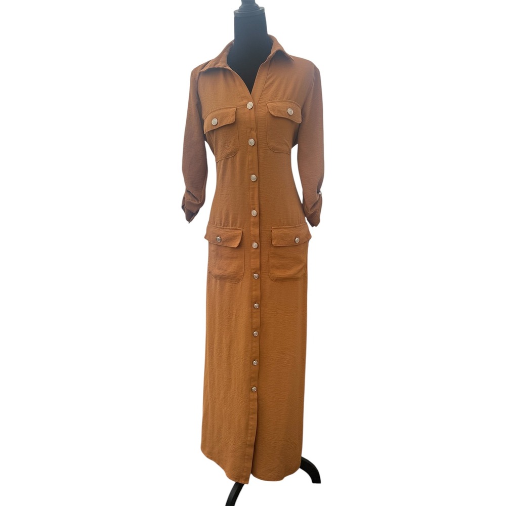 NY Collection Rust Brown Button Down Maxi Shirt Dress Utility Pockets Size M